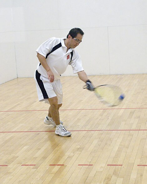 SCOTT AIR FORCE BASE, Ill. --Retired Air Force Master Sgt. Yee Cheng practices Friday afternoon at the James Gym.  Mr. Cheng  won the Missouri State Singles Racquetball Championships March 22 in St. Louis and won the Midwest Regional Championships Saturday in St. Louis.  Mr. Cheng hopes to help start a racquetball team at O’Fallon Township High School.(U.S. Air Force photo/Steve Berry) 
