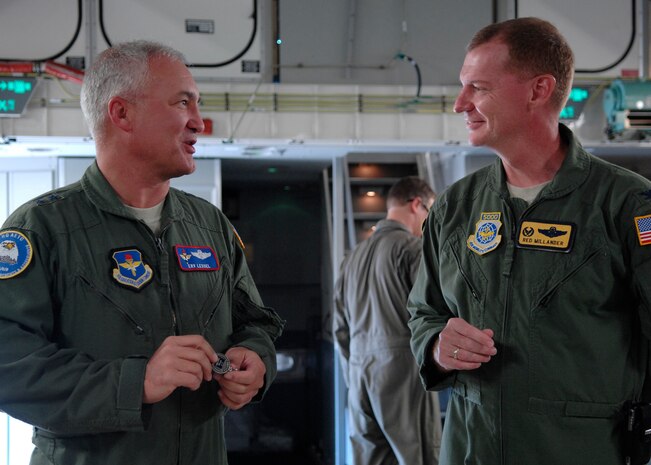 Maj. Gen. Erwin F. "Erv" Lessel III prepares to give Col. John "Red" Millander the key to Charleston's newest C-17 Apr. 17. This is the seventh out of ten new C-17s Charleston AFB will receive. General Lessel is the Director of Plans, Programs, Requirements and Assessments, and the Director of the San Antonio Joint Program Office, Headquarters Air Education and Training Command, Randolph AFB, Texas. Colonel Millander is the 437th Airlift Wing commander. (U.S. Air Force photo/Senior Airman Katie Gieratz)