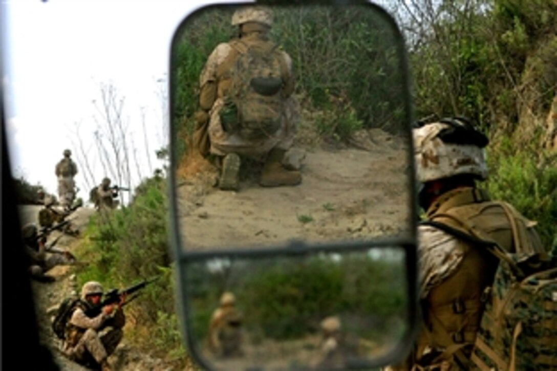 U.S. Marine Corps Lance Cpl. Brien R. Anderson provides rear security during a patrol to a helicopter team landing zone on Camp Pendleton, Calif., April 16, 2009. Anderson is a heavy equipment mechanic, Heavy Equipment Platoon, Landing Support Company, Combat Logistics Regiment 17, 1st Marine Logistics Group. 