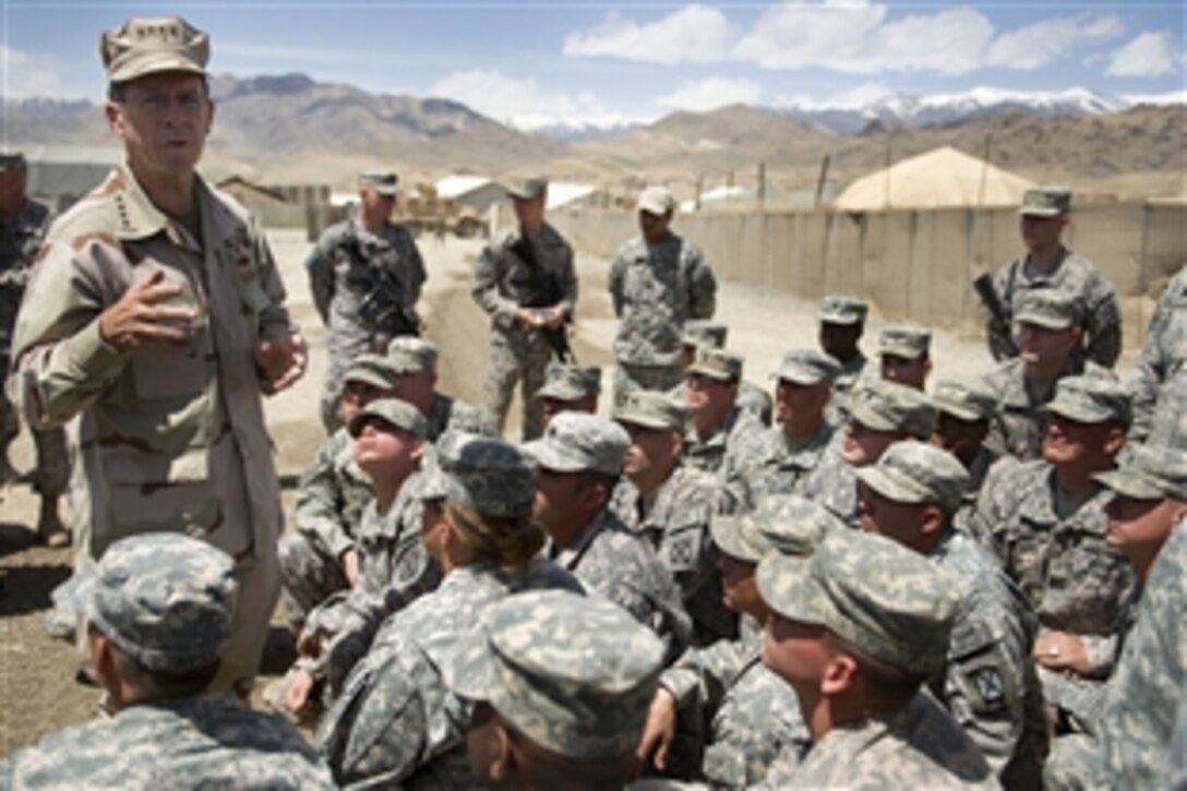 U.S. Navy Adm. Mike Mullen, chairman of the Joint Chiefs of Staff, talks to soldiers assigned to Forward Operating Base Airborne, Afghanistan, April 22, 2009. Mullen is on a six-day tour of the U.S. Central Command area of responsibility escorting a USO tour, meeting with counterparts and visiting troops.