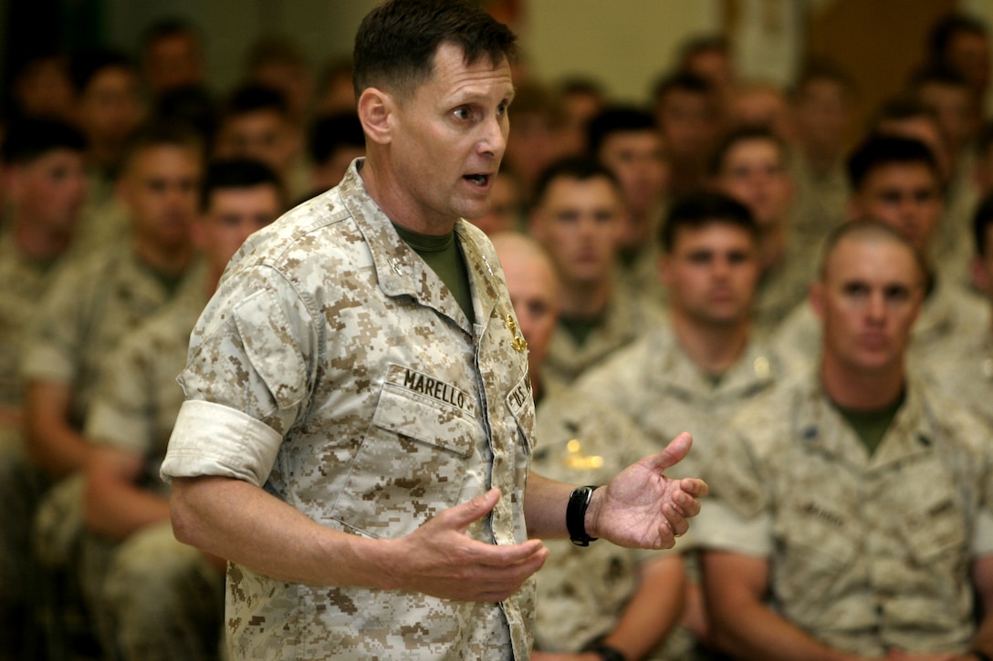 Col. Joseph Marello, the commander of Marine Special Operations School, U.S. Marine Corps Forces, Special Operations Command, reflects on the past three years of MARSOC and its accomplishments during the graduation ceremony of the first ever MARSOC Individual Training Course, April 22 at Stone Bay here. The ceremony marked a historic event for the Marine Corps and the special operations community, as the 50 graduating Marines will circulate into MARSOC and set the precedent for future generations of Marine operators and their role in special operations.