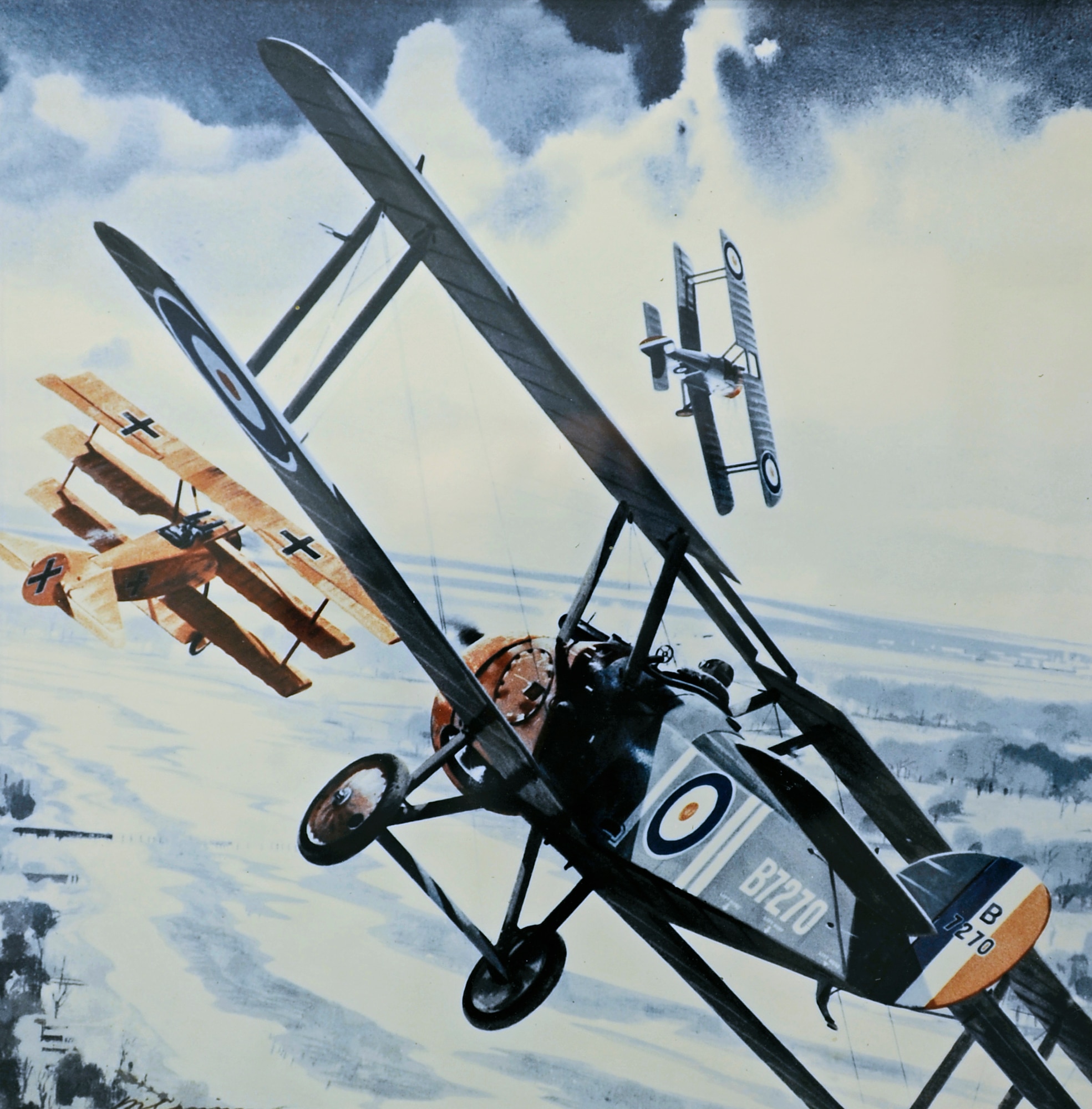 A painting by Merv Corning called “The Killer Camel,” which hangs in a hallway in 28th Bomb Wing Headquarters here. This painting, according to some experts, is historically inaccurate as it shows Capt. Roy Brown of Canada attacking the Red Baron while the famous Fokker triplane is in a banking manuever.  Dr. Geoffrey Miller, M.D., said that if such a maneuver actually happened, it was probably a reflex action on the Baron’s part after a bullet struck him from the ground. Had the fatal shots originated from Captain Brown’s machine, the Baron, Doctor Miller said, would not have been able to pursue what would’ve been his 81st victory for a full minute before he crashed.  (Air Force photo/Tech. Sgt. Steven Wilson) 