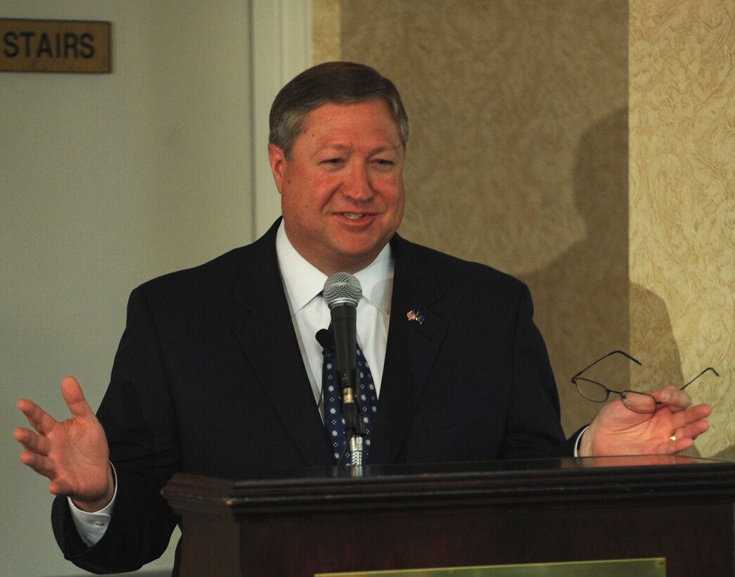 LANGLEY AIR FORCE BASE, Va. --  Secretary of the Air Force Michael B. Donley, addresses the local community during "Leadership For the Future," a senior leaders panel discussion on leadership for the future, at the Williamsburg Hospitality House in Williamsburg, Va. April 23.  (U.S. Air Force/Senior Airman Scott Aldridge)