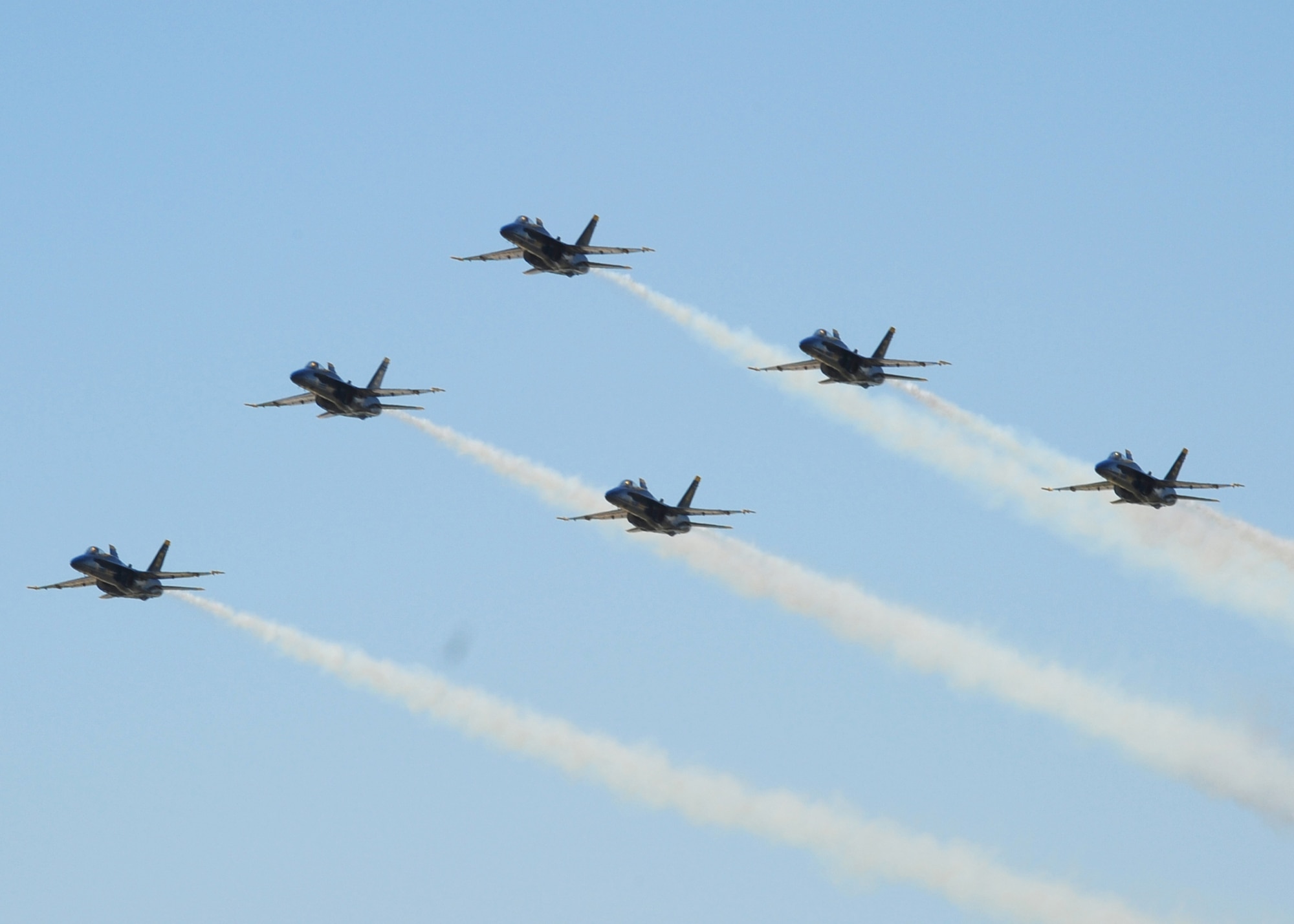 The U.S. Navy Blue Angels arrive at Seymour Johnson Air Force Base, N.C., April 23, 2009. They will be the main attraction during the two-day Wings over Wayne air show. (U.S. Air Force Photo by Airman 1st Class Rae Perry)