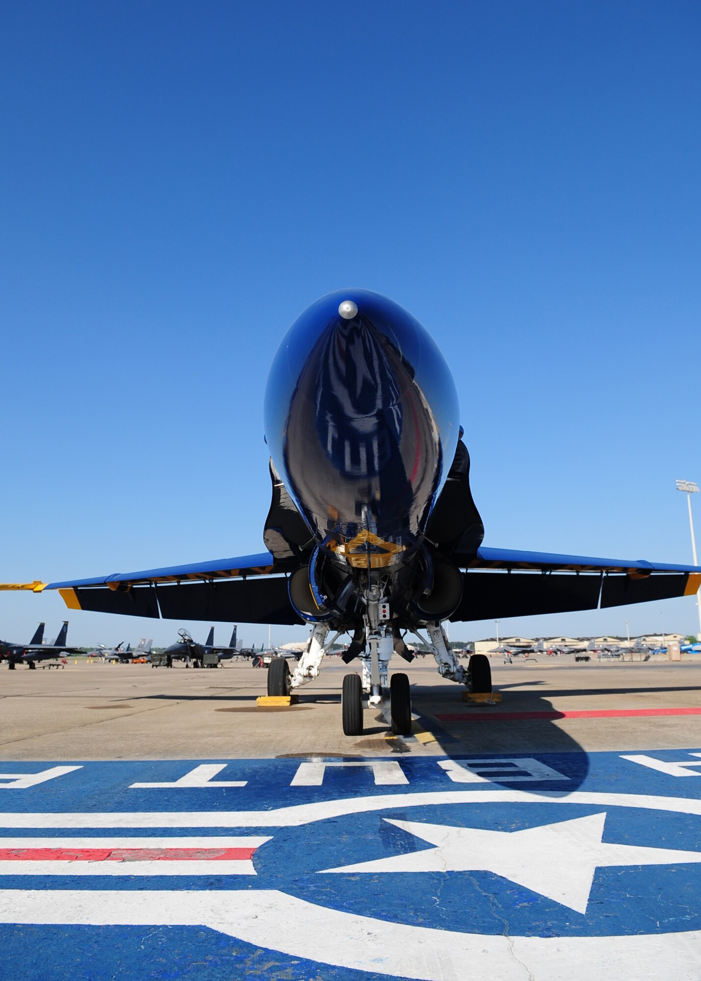 The Fourth but First welcome mat was laid out for the U.S. Navy Blue Angels, seen reflected here. The precisions demonstration team will be performing both days during the two-day Wings over Wayne air show. (U.S. Air Force Photo by Airman 1st Class Rae Perry)