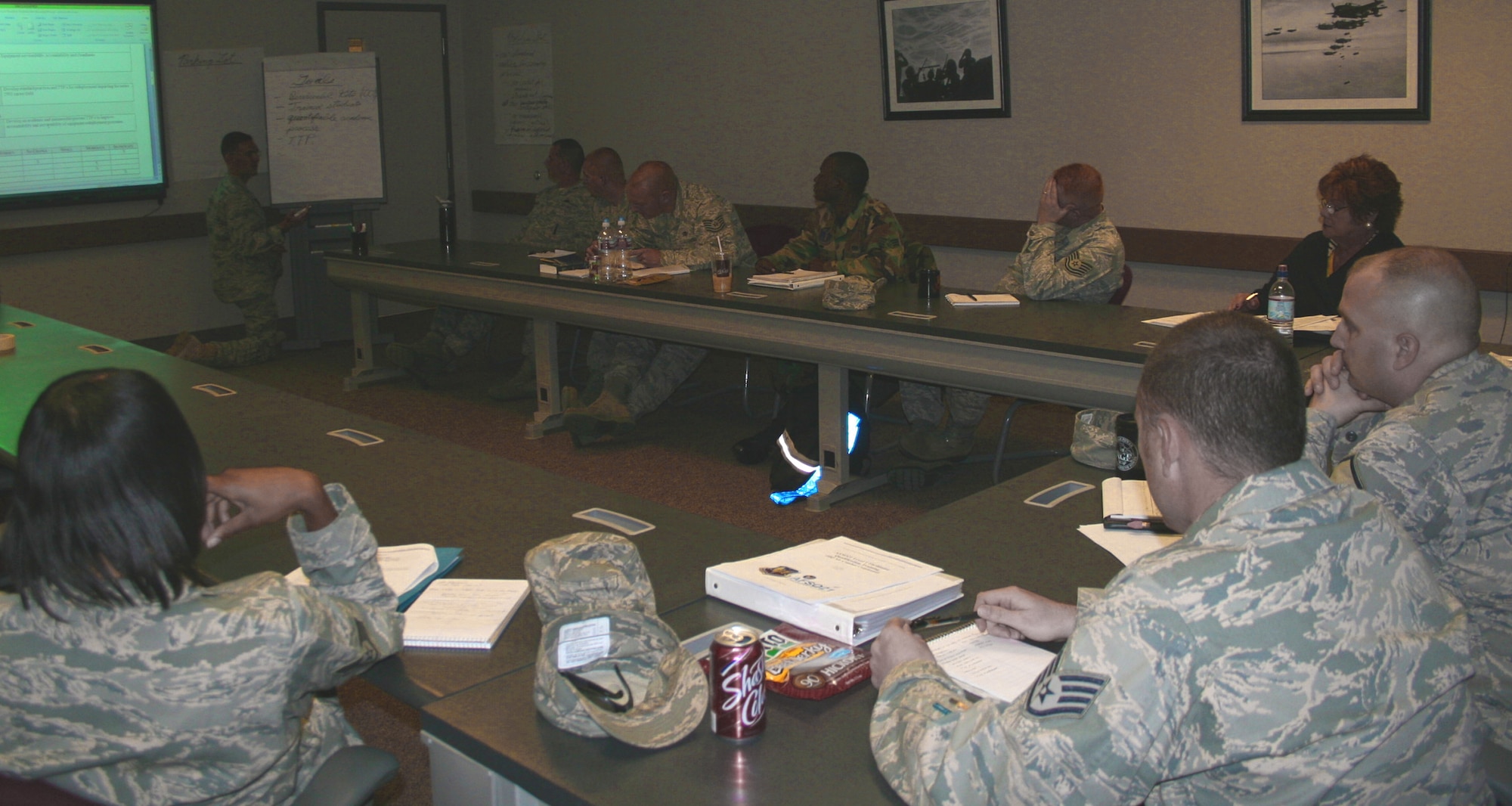 Airmen from the 9th Munitions Squadron establish goals as part of a step in the process during their Rapid Improvement event at Beale Air Force Base, Calif. The event was held March 30 through April 3 as part of the Air Force Smart Operations of the 21st Century to help maximize value and minimize waste. (Courtesy photo)