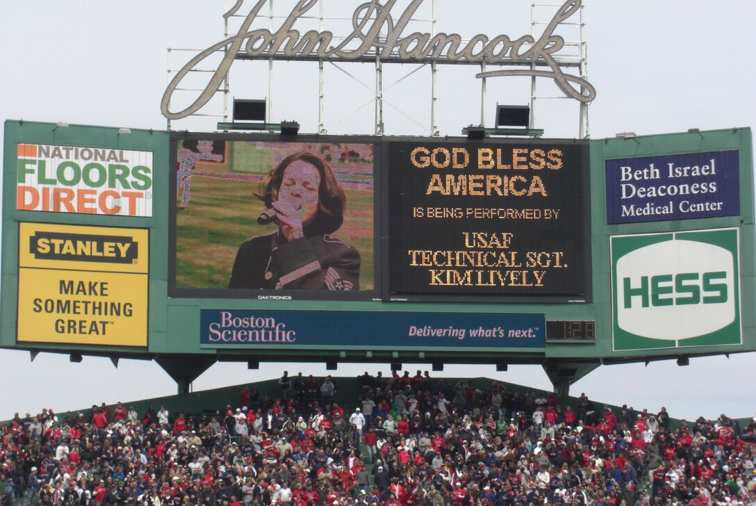 TSgt Kim Lively from the USAF Band of Liberty, performs at Fenway Park, Boston, MA