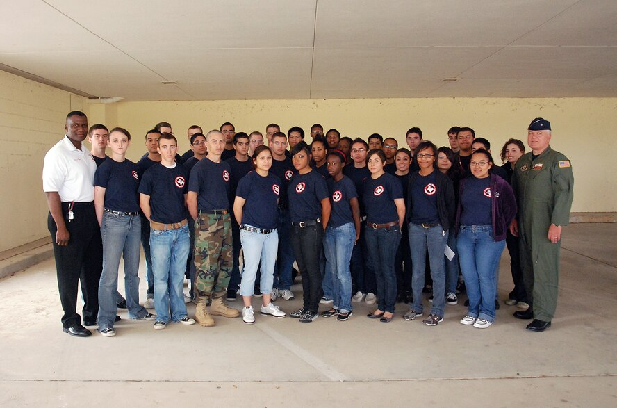 More than 300 Junior ROTC students visited the 433rd Airlift Wing, April 16, 2009. The students were mostly from Texas high schools, with one group traveling from Colorado Springs, Colo. Cadets toured several Alamo Wing work areas including, the C-5 Galaxy aircraft, the 433rd Aeromedical Evacuation Squadron, the 433rd Training Readiness Squadron and 433rd Life Support Section. (U.S. Air Force Photo/ Airman Brian McGloin)