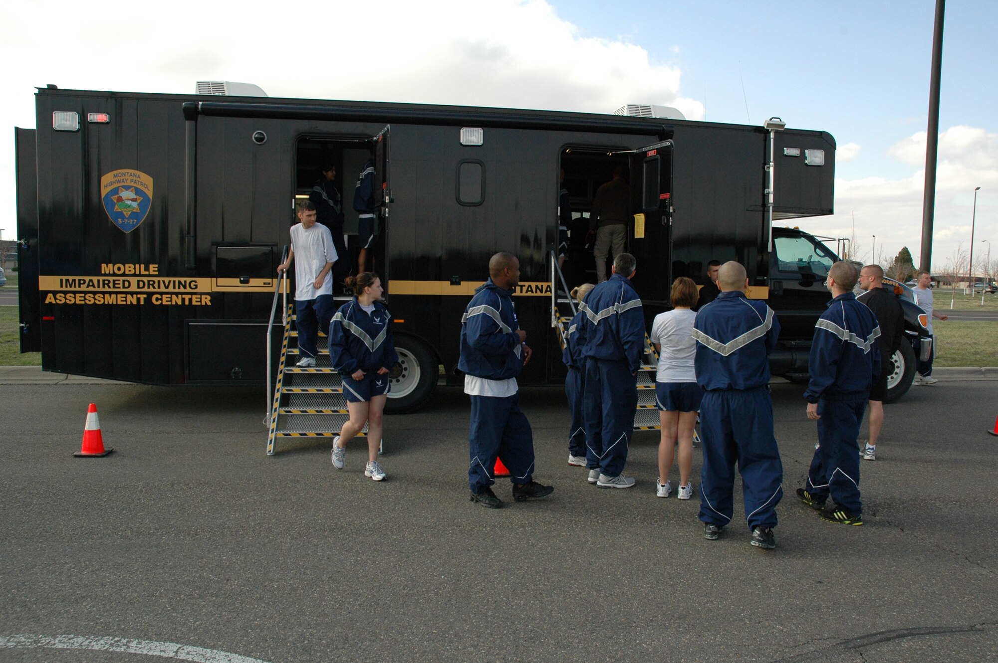 Airmen gather to tour the Montana Highway Patrol's Mobile Impaired Driving Assessment Center April 16 at Malmstrom. The vehicle was brought on base to raise DUI awareness. (U.S. Air Force photo/Senior Airman Dillon White)