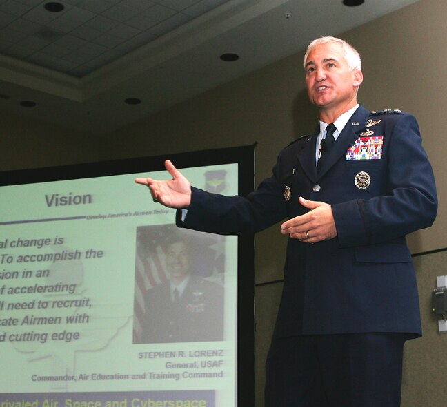 Maj. Gen. Erwin F. Lessel briefs a group of joint service education and training leaders at at the 2008 Interservice/Industry Training, Simulation and Education (I/ITSEC) Conference Dec. 3, 2008. The conference brings together education and training leaders from the Department of Defense and more than 50 countries.
