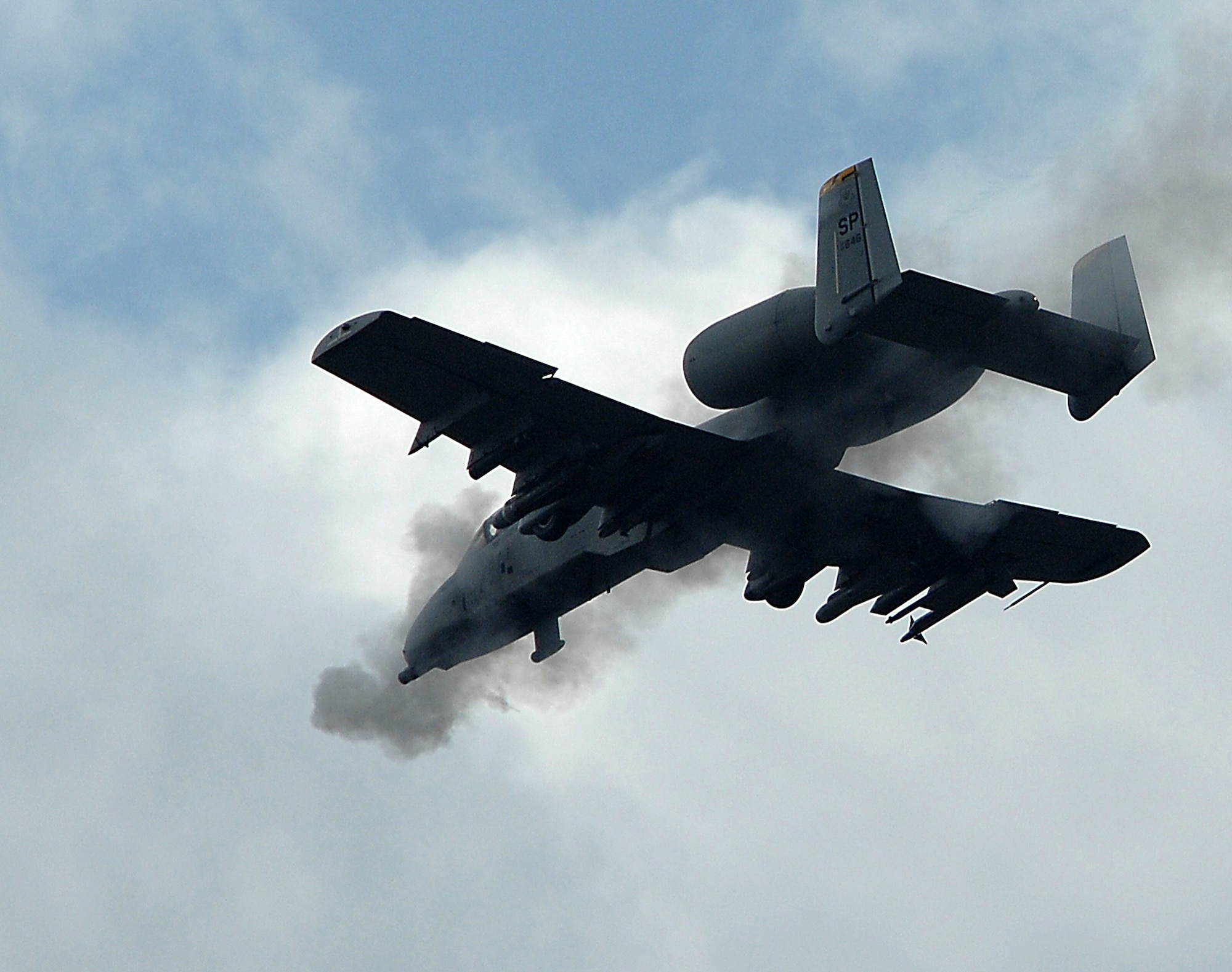 An A-10 Thunderbolt II from the 81st Fighter Squadron at Spangdahlem Air Base, Germany, fires ammunition during a training mission over Novo Selo Training Range, Bulgaria. The A-10s were used to support a joint training exercise between the U.S. and Bulgarian air forces. (U.S. Air Force photo/Master Sgt. Bill Gomez) 
