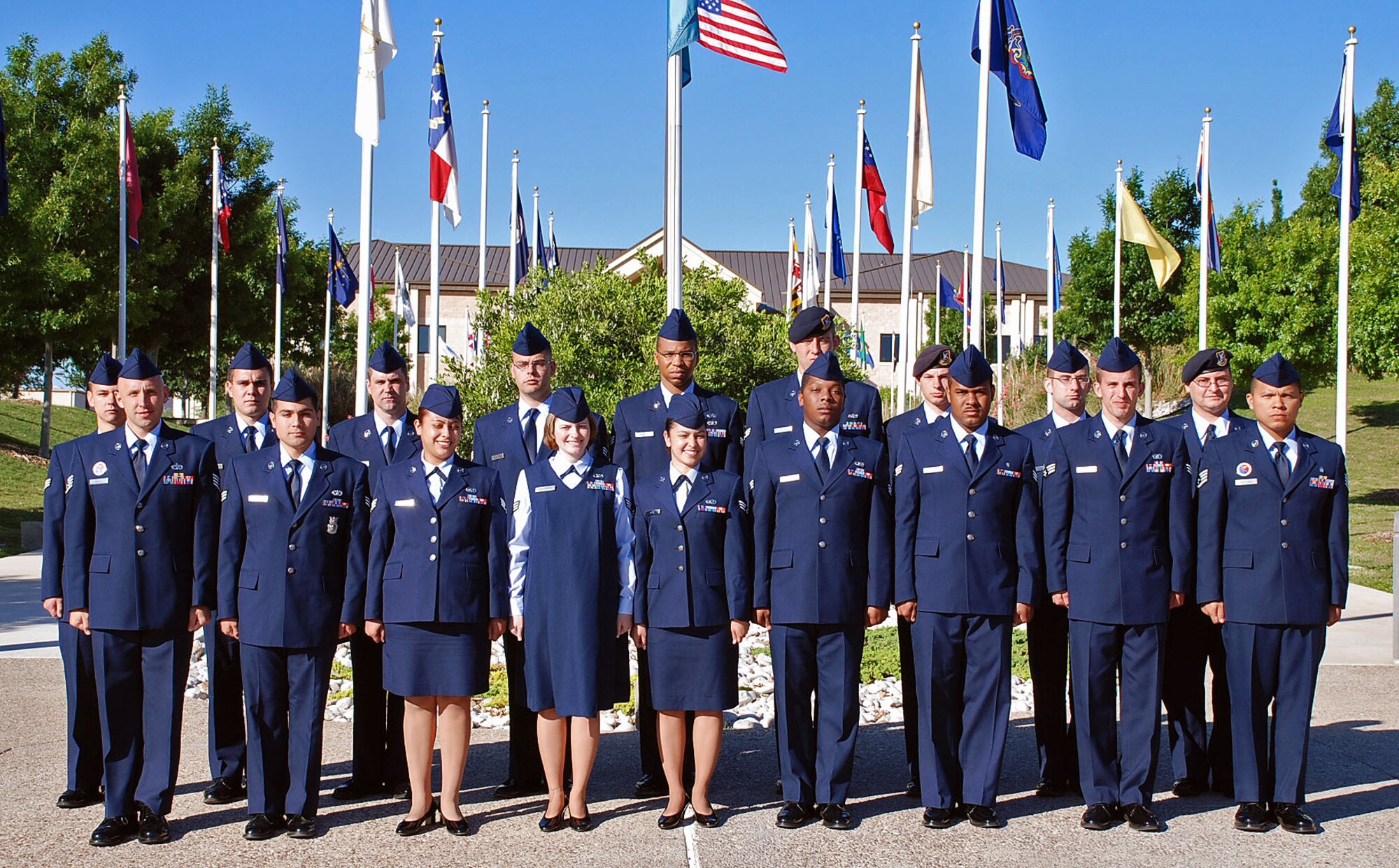 LAUGHLIN AIR FORCE BASE, Texas -- Sixteen Laughlin Senior Airmen from Airman Leadership School held here pose for their class photo recently. The ALS students graduate at 6:30 p.m. May 7 at Club XL. (U.S. Air Force photo by Airman 1st Class Sara Csurilla)