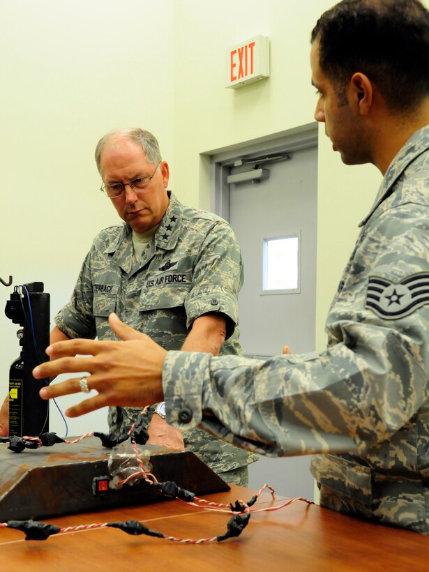 ANDERSEN AIR FORCE BASE, Guam - Commando Warrior Cadre, Staff Sgt. Marcus Serrano showcases improvised explosive devices that are used during exercises to better prepare deployable troops down range to the 13th Air Force Commander, Lt. Gen. Chip Utterback during his visit to Northwest field April 22. The mission of the Regional Training Center of Commando Warrior is to enhance the combat readiness of PACAF forces through training and evaluation of force protection and ground combat skills. General Utterback was able to see that first hand. (U.S. Air Force photo by Airman 1st Class Courtney Witt)
