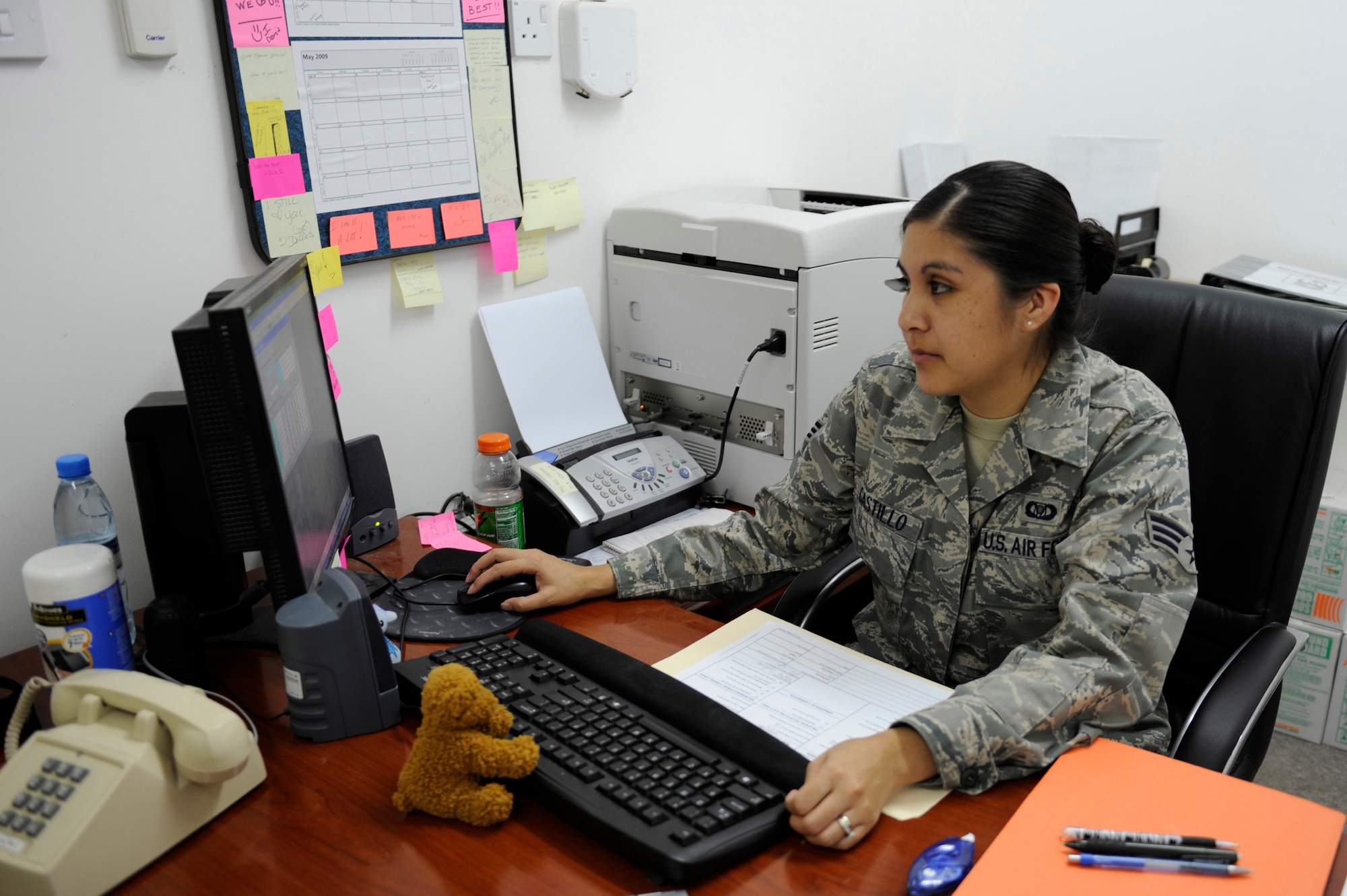 Senior Airman Jessica Castillo, 963rd Expeditionary Airborne Air Control squadron aviation resource manager, reviews flight mission packages prior to an upcoming Operation Enduring Freedom mission. Airman Castillo is deployed from Tinker AFB, Okla., and hails from San Bentio, Texas.