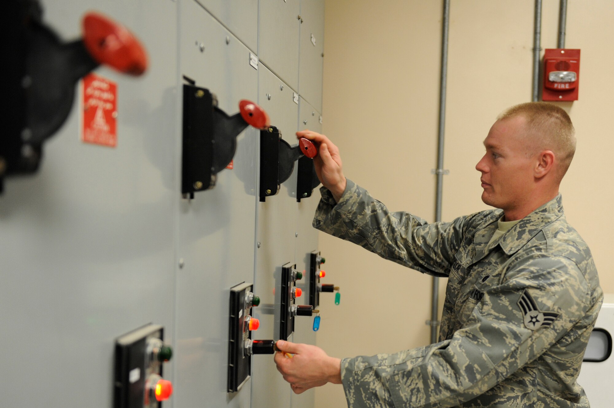Senior Airman. Isaac Taylor, 380th Expeditionary Logistics Readiness Squadron, fuels flight, sets the control panel of "Bubba," a type three hydrant system, for distribution of fuel to the flightline, April 4 at an undisclosed location in Southwest Asia. Once the pumps are energized, "Bubba" pushes an average of 520,000 gallons of fuel daily. Airman Taylor is deployed from Little Rock AFB, Ark. and hails from Searcy, Ark. (U.S. Air Force photo by Senior Airman Brian J. Ellis) (Released)