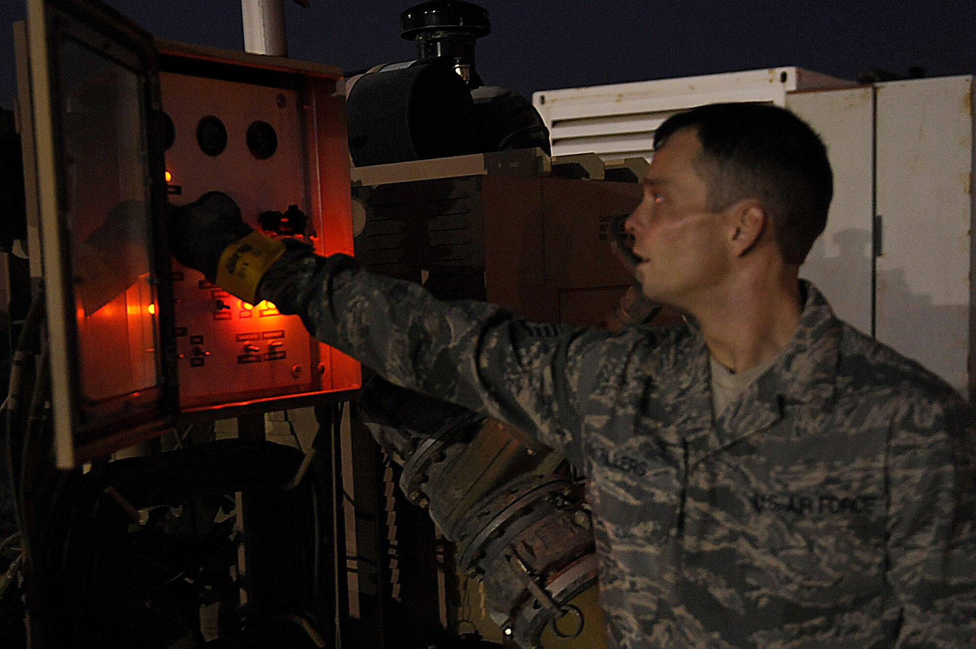 Staff Sgt. James Fillers, 380th Expeditionary Logistics Readiness Squadron, fuels flight, shuts down the R-19 offloading pump after an operations check, April 4 at an undisclosed location in Southwest Asia. The fuels flight receives fuel trucks 20 hours a day to keep up with the 380th Air Expeditionary Wing's mission. Sergeant Fillers is deployed from Eglin AFB, Fla. and hails from Johnson City, Tenn. (U.S. Air Force photo by Senior Airman Brian J. Ellis) (Released)