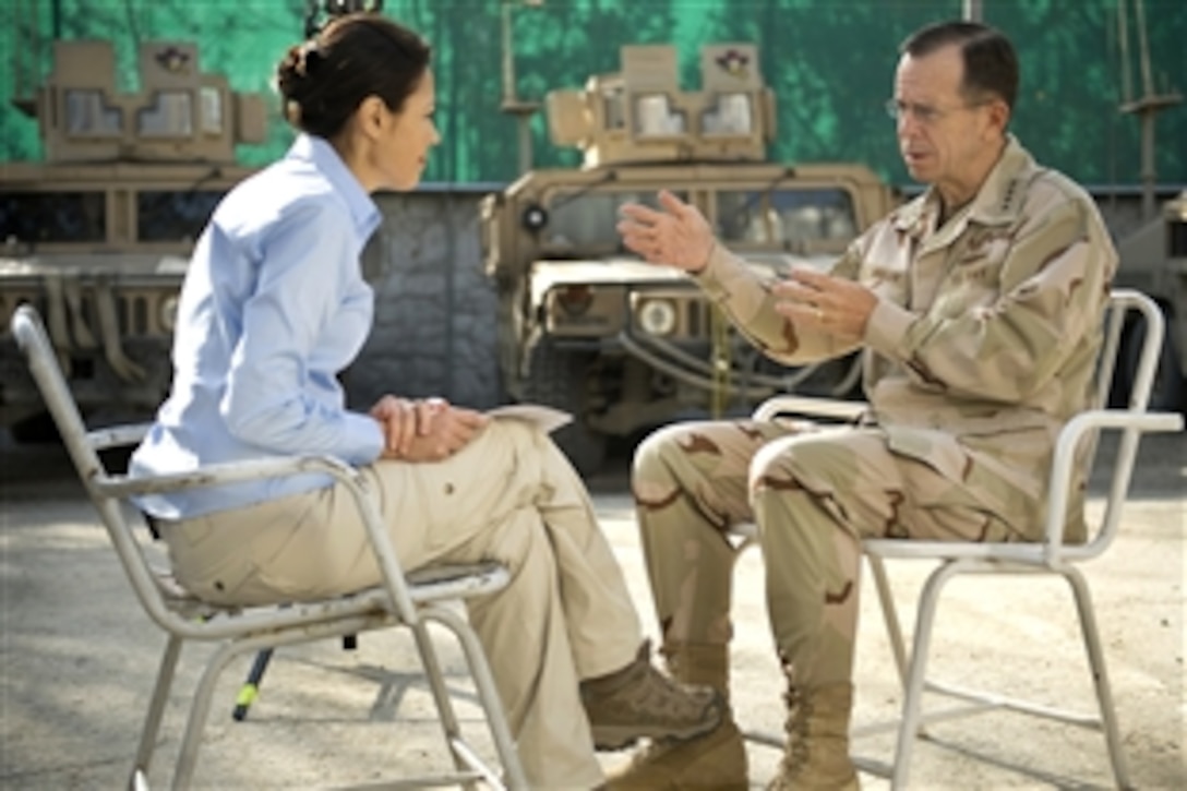 U.S. Navy Adm. Mike Mullen, chairman of the Joint Chiefs of Staff, is interviewed by Ann Curry, NBC'S "Today" show news anchor, on Camp Eggers, Kabul, Afghanistan, April 22, 2009.