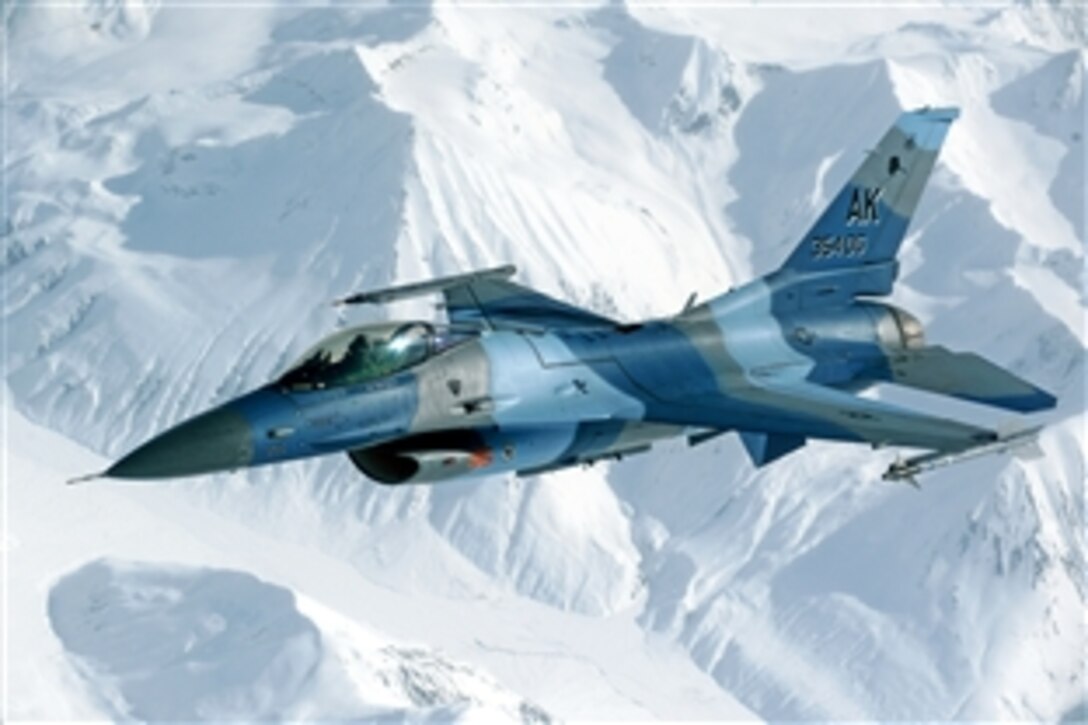 An F-16 Aggressor disconnects from a KC-10 Extender after being refueled during exercise RED FLAG-Alaska, Eielson Air Force Base, Alaska, April 22, 2009. RED FLAG is being conducted on the Joint Pacific Alaskan Range Complex, which provides 67,000 square miles of airspace.