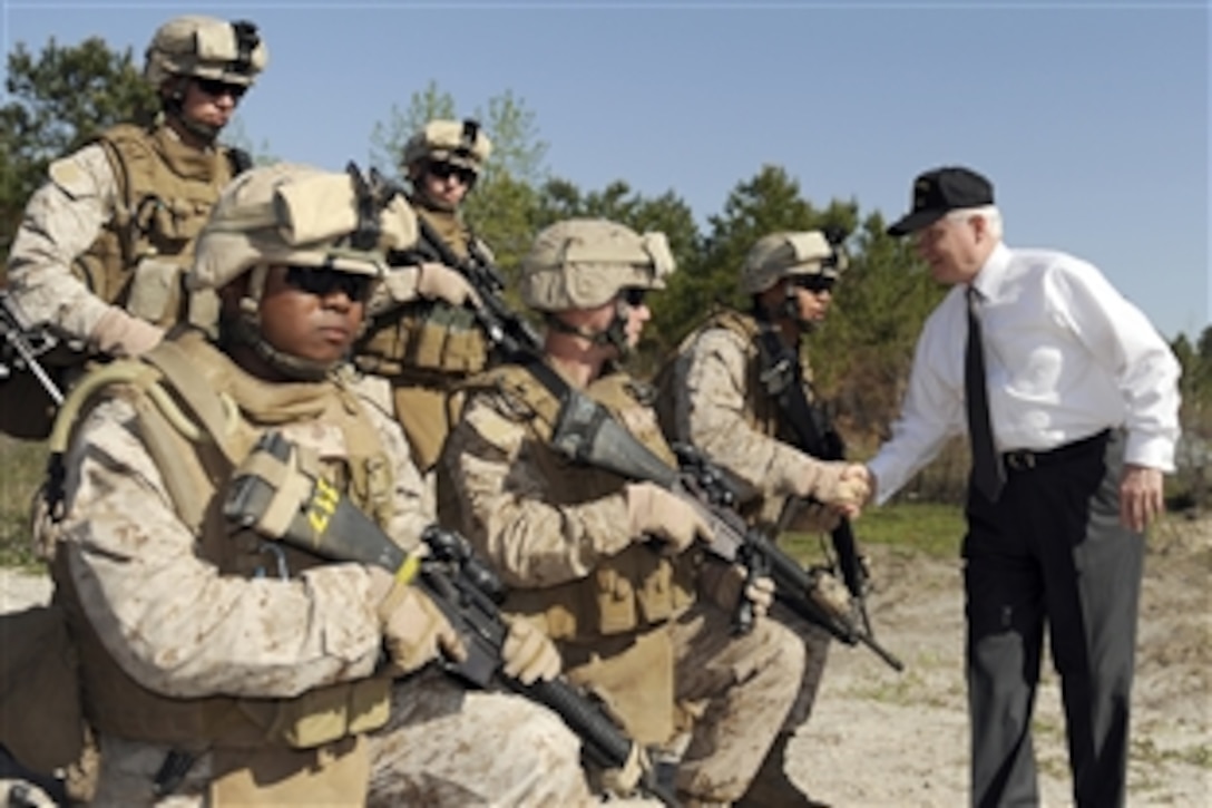 Defense Secretary Robert M. Gates thanks Marines for their service after a demonstration at the improvised explosive device area while visiting Marines at Camp Lejeune, N.C., April 23, 2009. Gates visited Marines with 2nd Battalion, 2nd Marine Regiment, stationed at Marine Corps Base Camp Lejeune prior to their upcoming deployment to Afghanistan. 