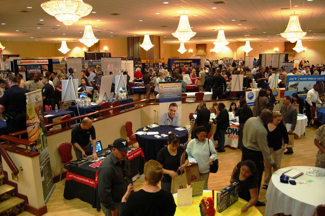 The 22nd annual Camp Pendleton Spring Career Fair was held at the South Mesa Club, April 23 to provide a venue for service members, their families and civil service employees to interact with local and national employers for possible job opportunities. More than 130 civilian and government employers were participating and offering jobs at the career fair.::r::::n::