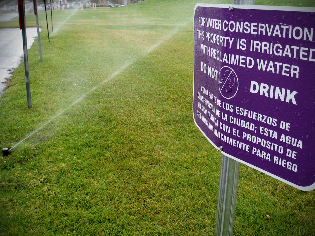 A sign advising the use of recycled water for irrigation adorns the 13 Area soccer fields aboard Camp Pendleton. According to the San Diego Water Department Web site, the high levels of nutrients in recycled water, such as nitrogen, phosphorous and potassium help fertilize plants when used for irrigation purposes. Irrigating with recycled water is most beneficial during daylight hours due to the sunlight’s ability to stimulate nutrient absorption in plants.