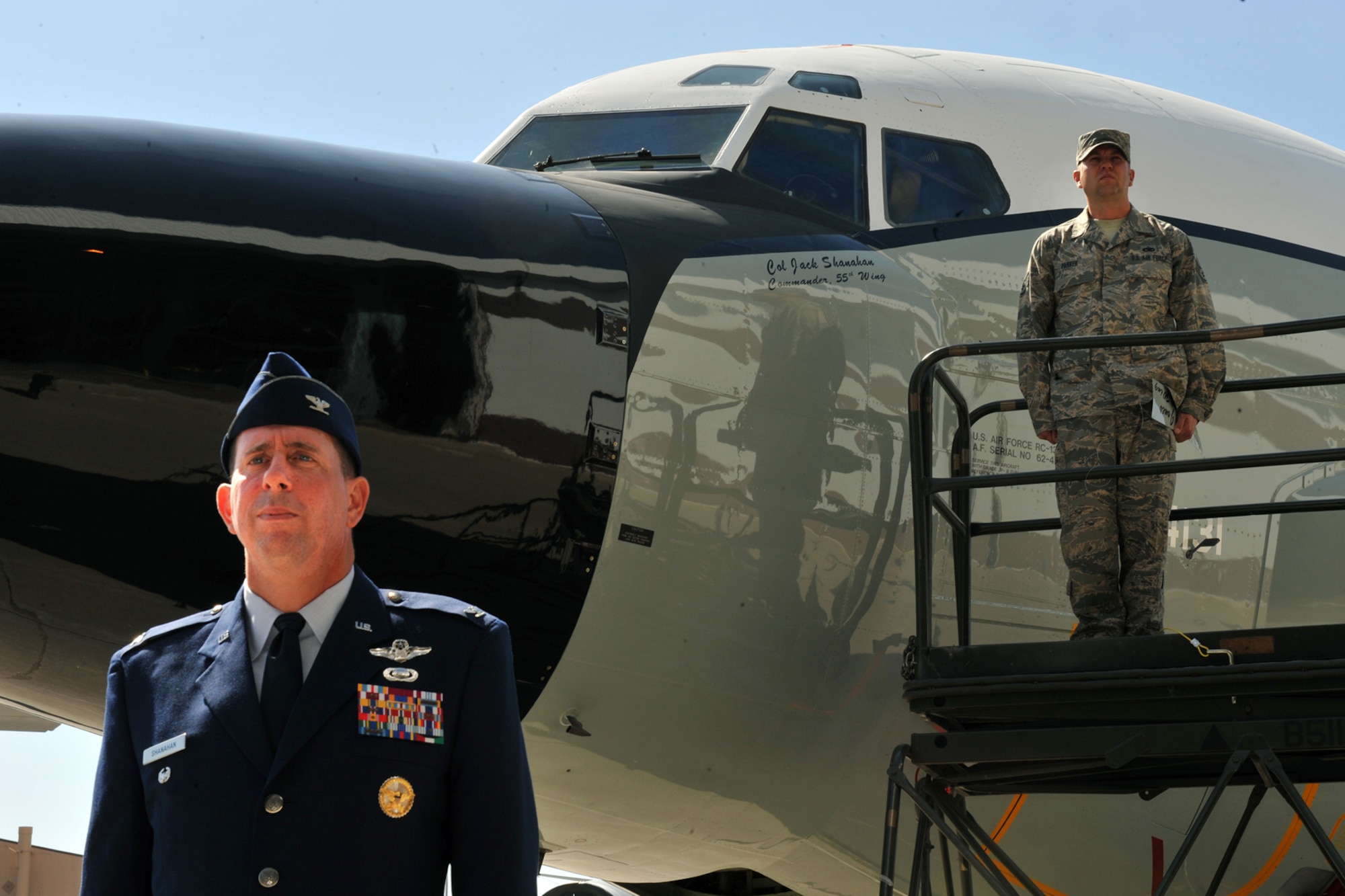 OFFUTT AIR FORCE BASE, Neb. -- Colonel John N.T. Shanahan, incoming 55th Wing Commander, and Staff Sgt. James Parker, 55th Maintenance Group, pose with the symbolic flagship aircraft following the 55th Wing Change of Command ceremony here April 24. 

U.S. Air Force Photo By: Charles Haymond

