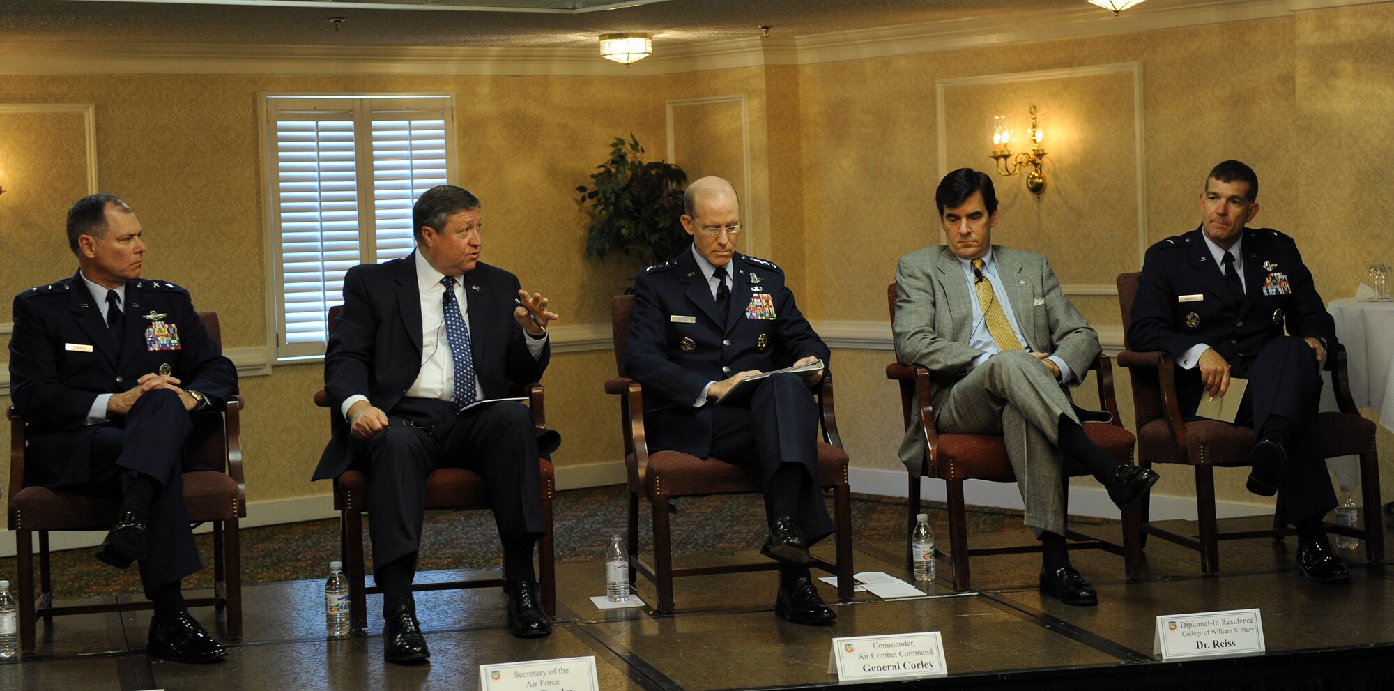 Secretary of the Air Force Michael B. Donley answers a question April 23 during a senior leader panel discussion titled "Leadership for the Future" at the College of William and Mary in Williamsburg, Va.  The panel, a Hampton Roads Air Force Week event, comprised Maj. Gen. Robert B. Newman Jr., adjutant general of Virginia; Secretary Donley; Gen. John D.W. Corley, commander of Air Combat Command; Dr. Mitchell B. Reiss, senior American diplomat and vice-provost of international affairs at William & Mary; and Brig. Gen. Mark A. Barrett, 1st Fighter Wing commander at nearby Langley Air Force Base.  (U.S. Air Force photo/Airman 1st Class Zachary Wolf)