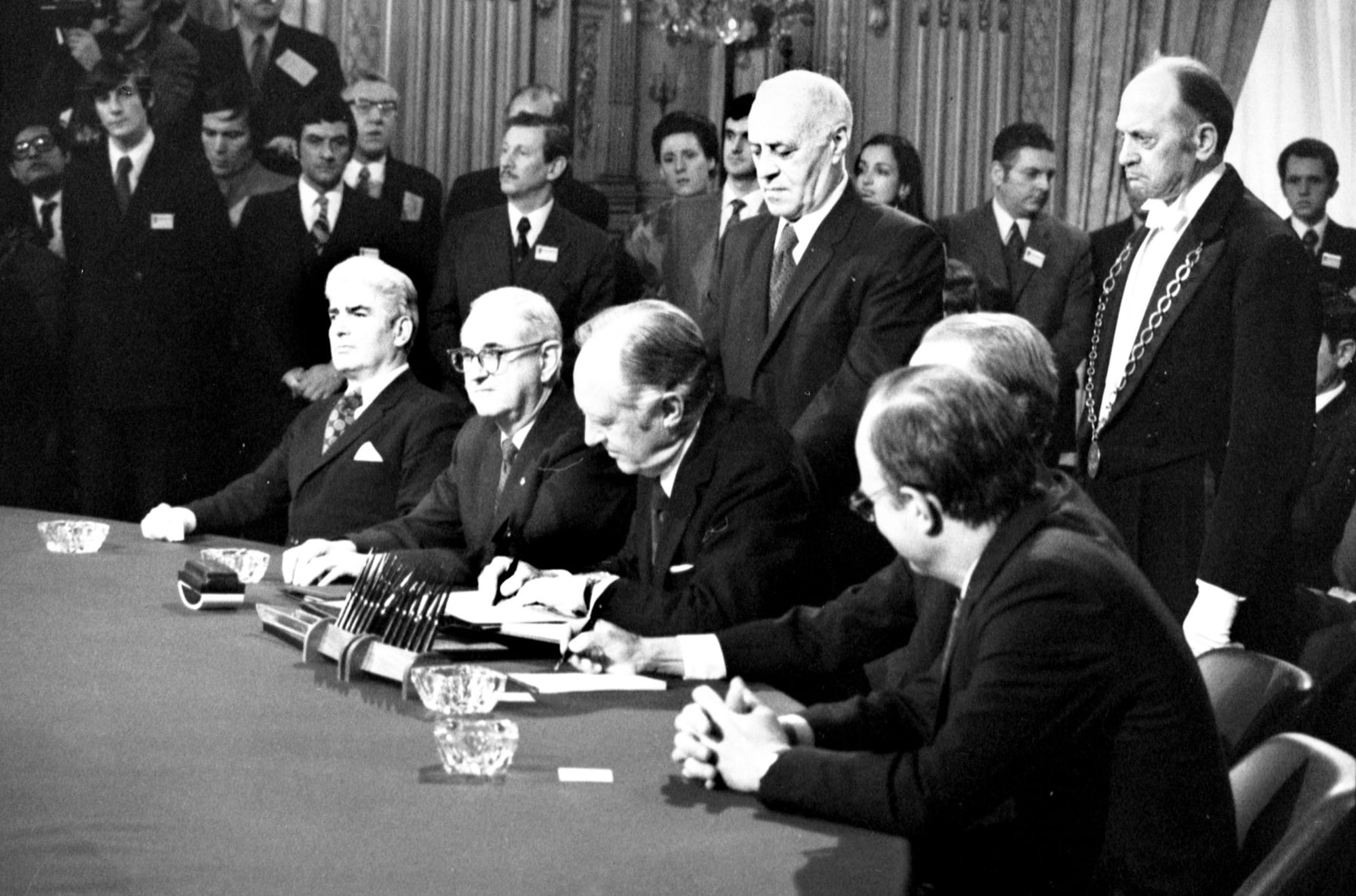 Signing the peace agreement, Paris, Jan. 27, 1973. (U.S. Air Force photo)