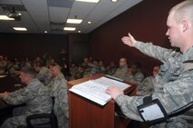 MINOT AIR FORCE BASE, N.D. – 1st Lt. Adam Morgan, 5th Security Forces Squadron, briefs members from the 5th SFS and 5th Munitions Squadron, prior to a weapons transportation convoy during Prairie Vigilance 09-7 here April 22. Prairie Vigilance is a multi-wing exercise established to implement and assure safe, secure, reliable nuclear weapons standards and procedures. (U.S. Air Force Photo by Airman First Class Jesse Lopez)