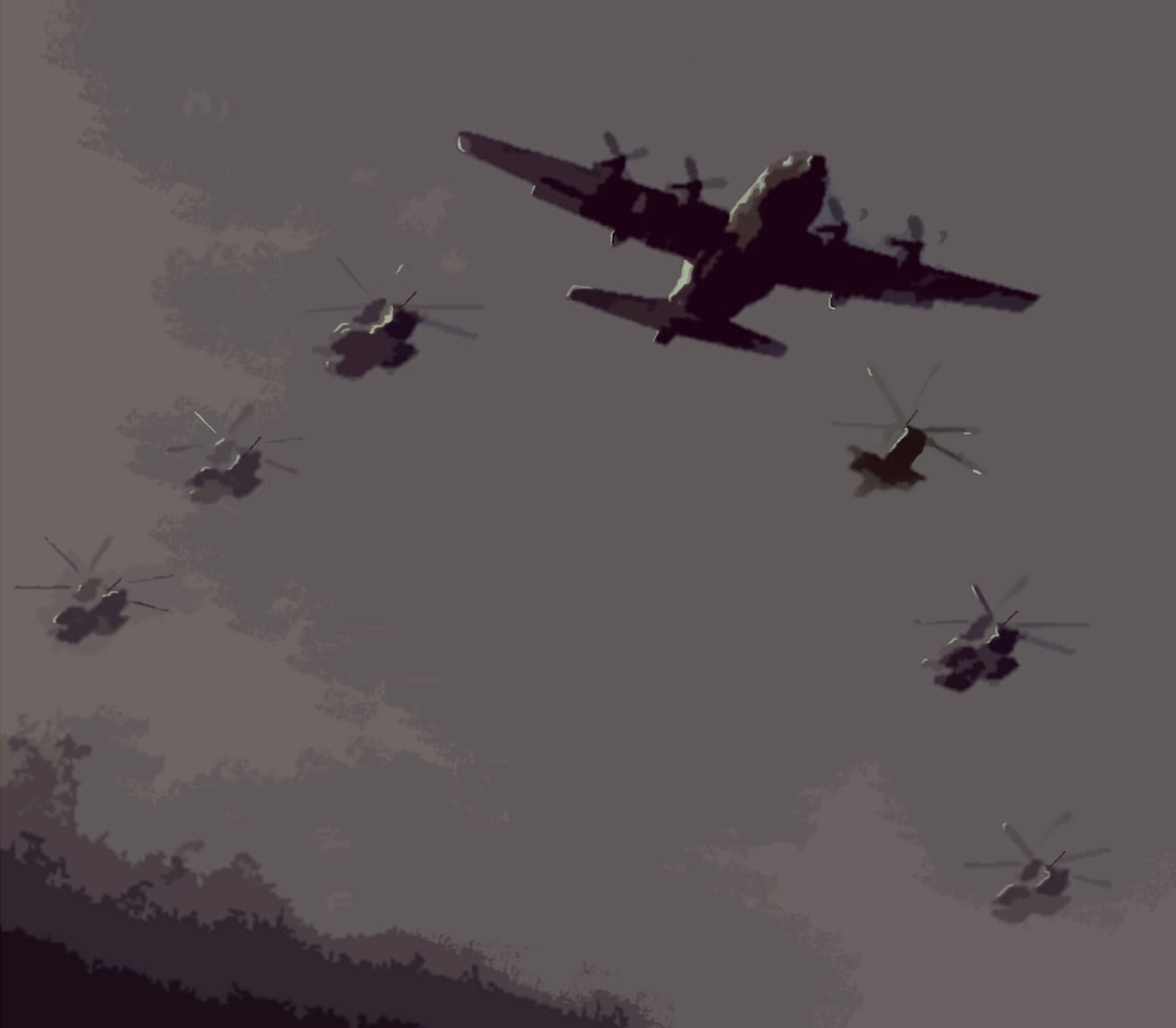 Illustration of MC-130E and 6 helicopters in formation. (U.S. Air Force)