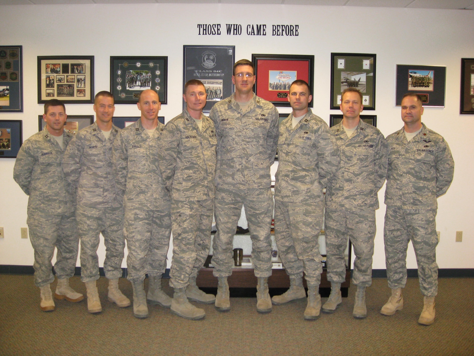 The Unites States Air Force Advanced Maintenance and Munitions Officers
School (AMMOS), class 09A graduated April 23 at Nellis Air Force Base, Nev.
The AMMOS graduates were (left to right) Capt. Wesley Alderman from Moody
AFB, Ga.; Capt. Alfred Mart from Scott AFB, Ill.; Capt. Trent Arnold from
Travis AFB, Calif.; Capt. Andrew Hackleman from Whiteman AFB, Mo.;
Capt.Joseph Ingram from Ramstein Air Base, Germany; Capt. Nathan McKim from
McChord AFB, Wash.; Capt. Shawn O'Kane from Dyess AFB, Texas; and Maj. Robby
Key from Robins AFB, Ga. The 13-week school provides graduate level
instruction in expeditionary combat support for USAF maintenance and
munitions officers with the goal of increasing an operational wing's
capability and lethality. In this selective program, graduates become
competent in the complete spectrum of agile combat support processes and are
prepared to lead maintenance in expeditionary combat or mobility aerospace
forces. (courtesy photo)
