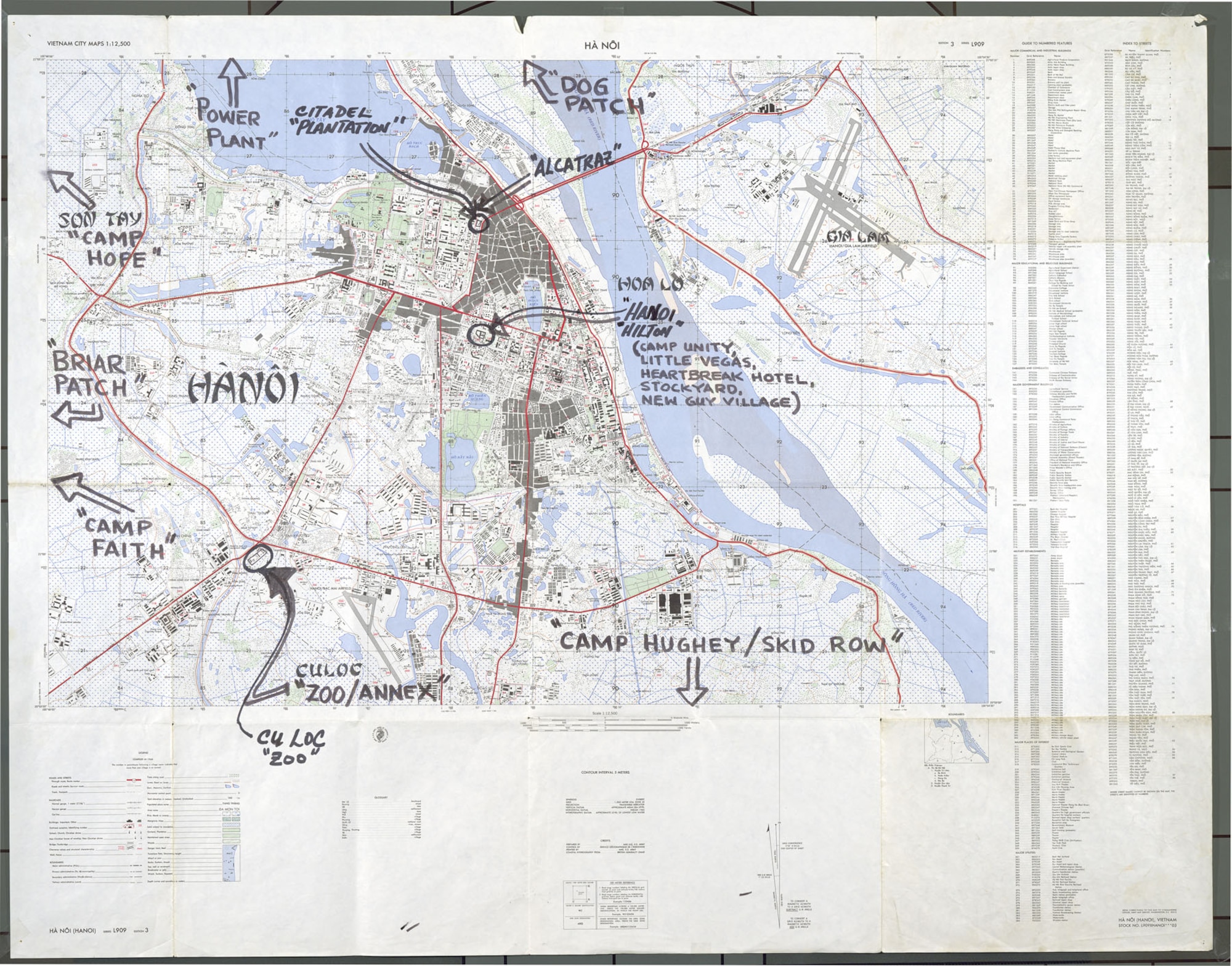 Shortly after the war, ex-POW Mike McGrath annotated this detailed map of Hanoi to show the location of prisons. He did it so he would not forget where the camps were. McGrath also made drawings of his captivity, several of which appear in this exhibit. (U.S. Air Force photo)