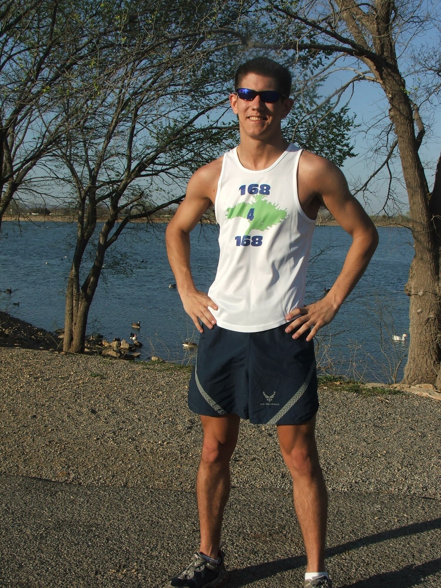 ALTUS AIR FORCE BASE, Okla. -- Senior Airman Brendan Brustad, 97th Medical Group, prepares to head out on a training run around the Altus reservoir. Airman Brustad uses running to honor the memory of the 168 people killed in the April 1995 bombing of the Murrah Federal Building in Oklahoma City, Okla. He is currently trying to break the world record for miles run on a treadmill in 168 hours, naming the pursuit "168 for 168." (photo submitted by Senior Airman Brendan Brustad)