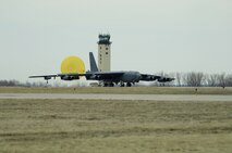 MINOT AIR FORCE BASE, N.D. - A B-52H Stratofortress from Barksdale Air Force Base, La arrives here in support of, Prarie Vigilance 09-7 April 23. Prarie Vigilance is a multi-wing nuclear operational readiness exercise designed to demonstrate safe, secure, reliable nuclear weapons standards and procedures. The exercise will test more than 3,500 personnel over 10 days with joint coordination between both Air Force bases. (U.S. Air Force Photo by Tech. Sgt. Lee A. Osberry Jr.)
