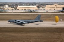 MINOT AIR FORCE BASE, N.D. -- A B-52 Stratofortress from Barksdale Air Force Base, LA arrives here to minister support of the Prairie Vigilance exercise 09-7 on 22 April, 2009.  The exercise is a multi-wing effort to demonstrate safe, secure, reliable nuclear weapons standards and procedures. 2009 was a year that brought progress and a renewed emphasis on safe, secure and reliable nuclear operations. The 91st Missile Wing transitioned to Air Force Global Strike Command with the 5th Bomb Wing scheduled to follow suit in 2010. (U.S. Air Force Photo by Airman First Class Jesse Lopez)