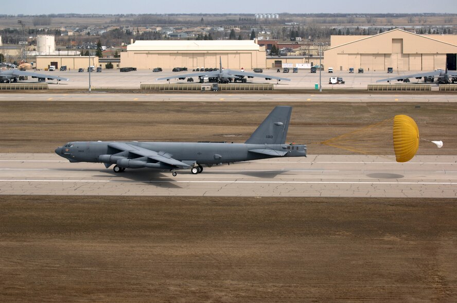 MINOT AIR FORCE BASE, N.D. -- A B-52 Stratofortress from Barksdale Air Force Base, LA arrives here to minister support of the Prairie Vigilance exercise 09-7 on 22 April, 2009.  The exercise is a multi-wing effort to demonstrate safe, secure, reliable nuclear weapons standards and procedures. 2009 was a year that brought progress and a renewed emphasis on safe, secure and reliable nuclear operations. The 91st Missile Wing transitioned to Air Force Global Strike Command with the 5th Bomb Wing scheduled to follow suit in 2010. (U.S. Air Force Photo by Airman First Class Jesse Lopez)