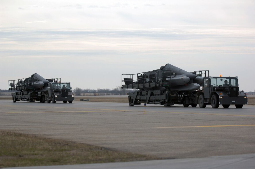 MINOT AIR FORCE BASE, N.D. – A convoy of 5th Munitions Squadron personnel, transport weapons as part of the Prairie Vigilance exercise 09-7 on April 22. Prairie Vigilance is a multi-wing exercise established to implement and assure safe, secure, reliable nuclear weapons standards and procedures. (U.S. Air Force Photo by Airman First Class Jesse Lopez)