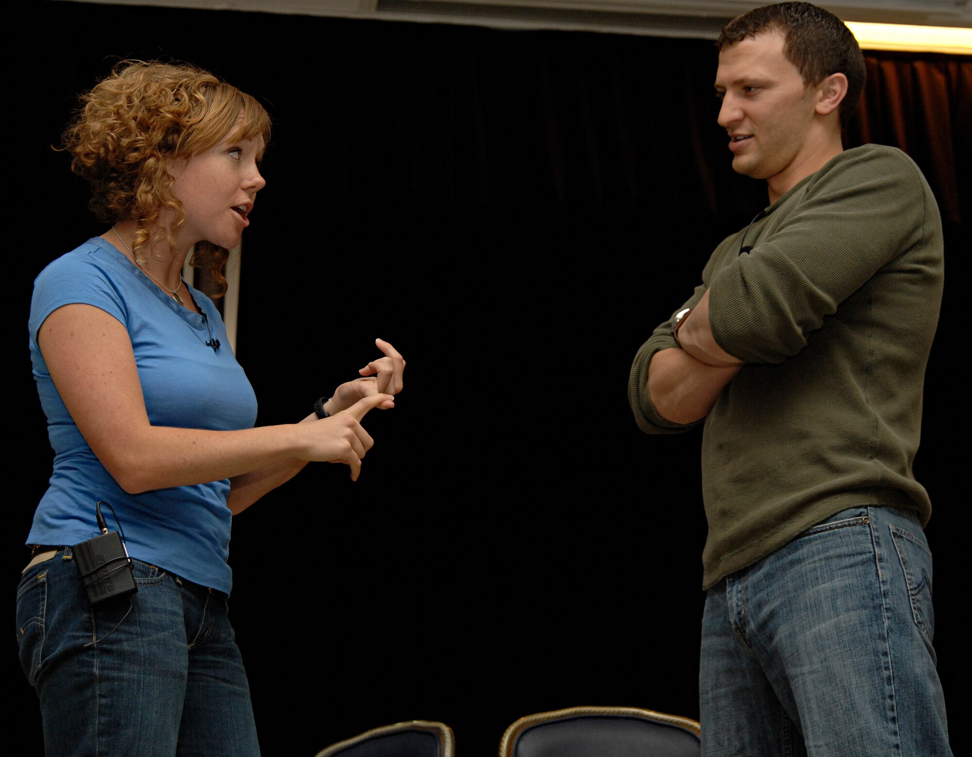 Courtney Abbott and Ben Murrie, actors for Catharsis Productions, list typical stereotypes for both genders during a presentation entitled “Sex Signals” in the Incirlik Consolidated Club, April 23, 2009. “Sex Signals" actors demonstrate how to recognize early warning signs of relationship violence and prevent sexual assault, said Dr. Thomas Appel-Schumacher, chief of USAFE Sexual Assault Prevention and Response. "It also highlights the critical issue of consent in a sexual relationship," he said. "Audience participation is solicited and effectively brings out important points." (U.S. Air Force photo/Senior Airman Benjamin Wilson)