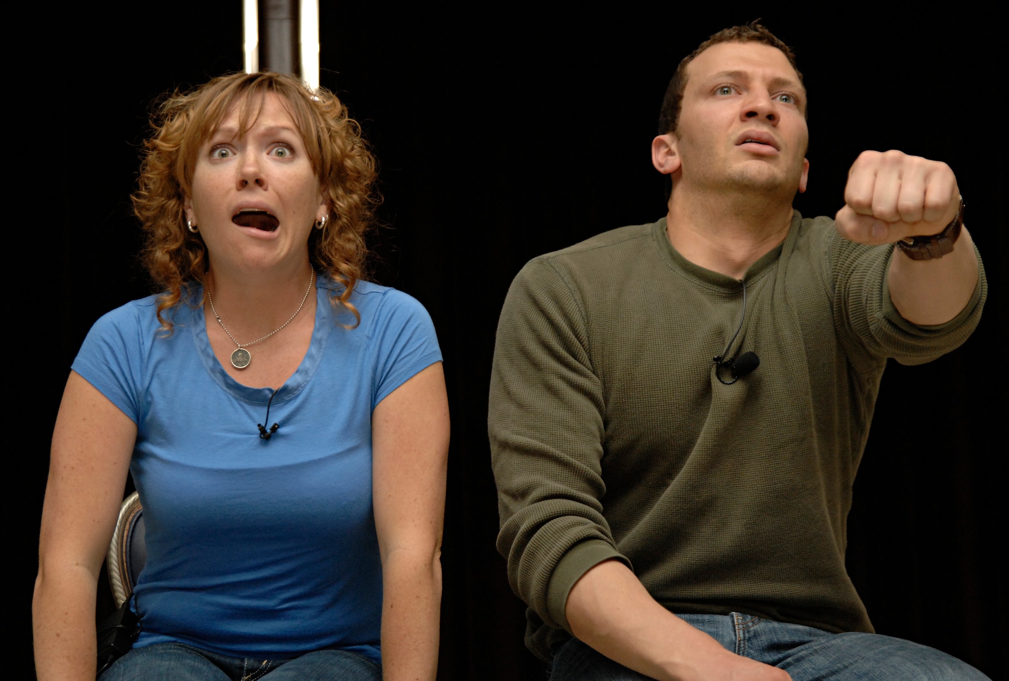 Courtney Abbott and Ben Murrie, actors for Catharsis Productions, act in a skit about dating during a presentation entitled “Sex Signals” in the Incirlik Consolidated Club, April 23, 2009. “Sex Signals" actors demonstrate how to recognize early warning signs of relationship violence and prevent sexual assault, said Dr. Thomas Appel-Schumacher, chief of USAFE Sexual Assault Prevention and Response. "It also highlights the critical issue of consent in a sexual relationship," he said. "Audience participation is solicited and effectively brings out important points." (U.S. Air Force photo/Senior Airman Benjamin Wilson)