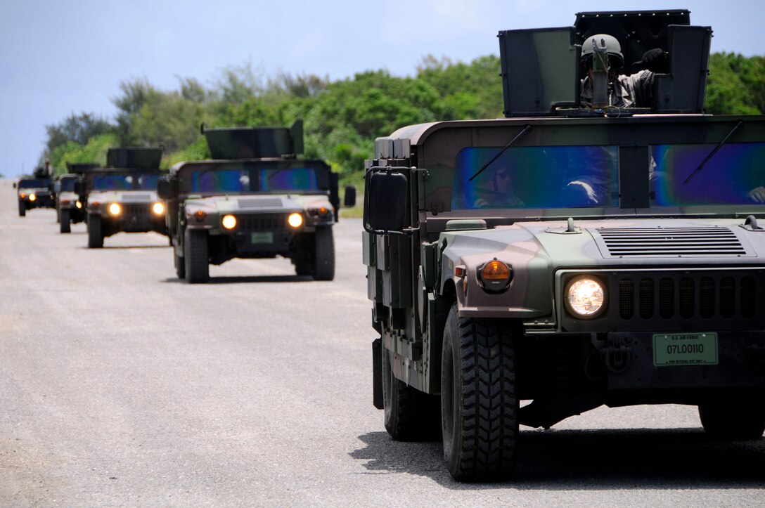 ANDERSEN AIR FORCE BASE, Guam - Airmen of the 554th RED HORSE conducted convoy training as part of their field training exercise at Northwest Field April 23. Techniques of convoy training were reviewed in class such as route clearance, communications, movement formations, mounted tactics, improvised explosive device searches and how to react, and battle drills. After the class was finished, Airmen were then put to the test with different real-world scenarios. (U.S. Air Force photo by Airman 1st Class Courtney Witt)