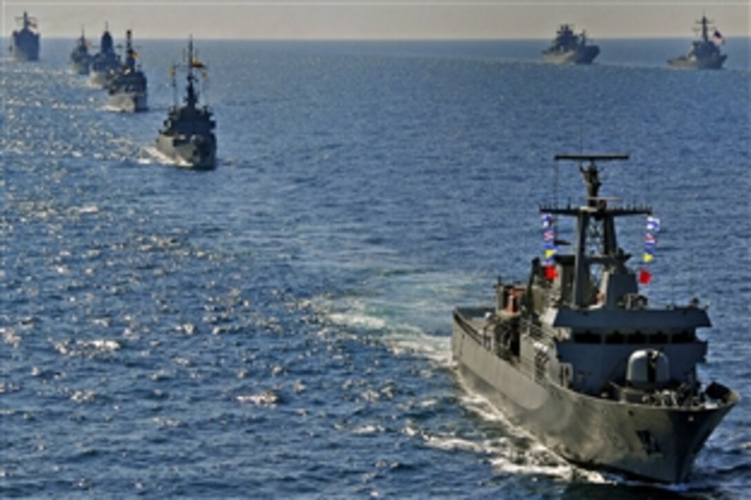 Maritime forces from Argentina, Brazil, Canada, Chile, Colombia, Ecuador, Germany, Mexico, Peru, and the United States sail in formation during the 50th anniversary of UNITAS, the U.S. Navy’s longest-running annual multilateral exercise Atlantic Ocean, April 23, 2009. The exercise to aimed at increasing interoperability among participating navies.
