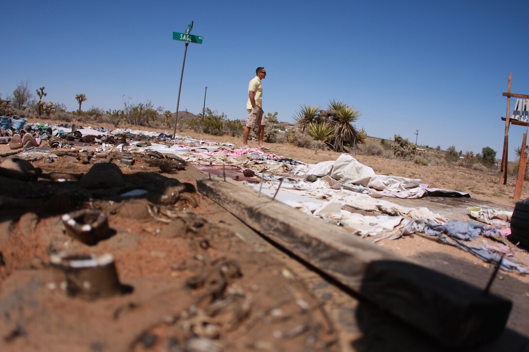 Lance Cpl. Aaron Kristopik, a paralegal clerk with the Combat Center’s Staff Judge Advocate and a native of New Britain, Conn., walks around the Noah Purifoy Outdoor Museum in Joshua Tree, Calif., April 25.