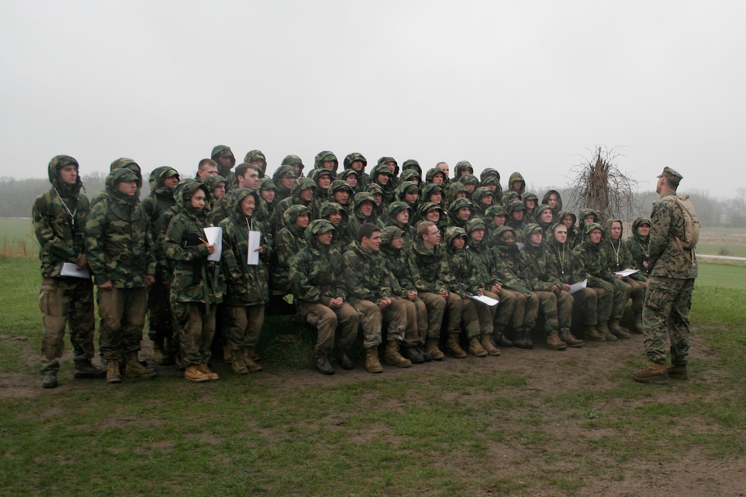 Marine Officer Candidates recieve a class on basic land navigation prior to going through a parctical application of the course, during Officer Candidate School Preparation weekend at Camp Dodge, Des Moines, Iowa, April 25. The OCS Prep weekend is designed to give candidates a glimpse into what OCS life is like.