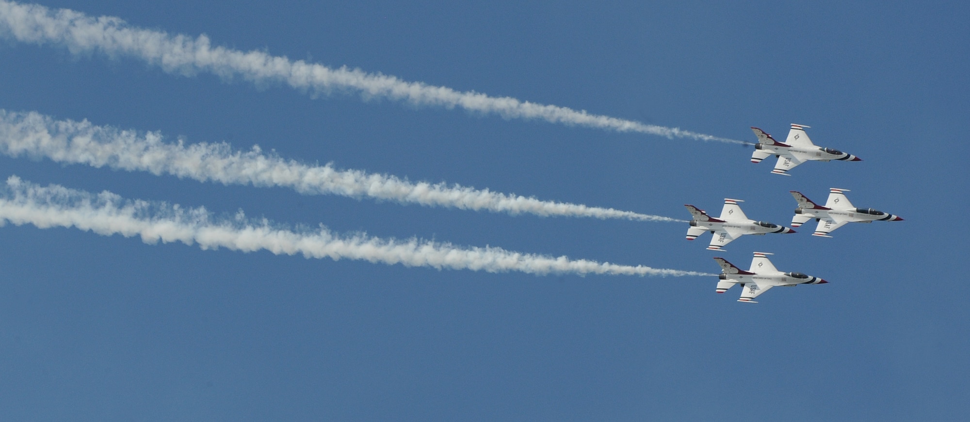 LANGLEY AIR FORCE BASE, Va. --The United States Air Force Air Demonstration Squadron performs during AirPower over Hampton Roads April 25. Langley's open house helps educate the public on Air Force capabilities and show appreciation to the local community. (U.S. Air Force photo/Airman 1st Class Gul Crockett) 
