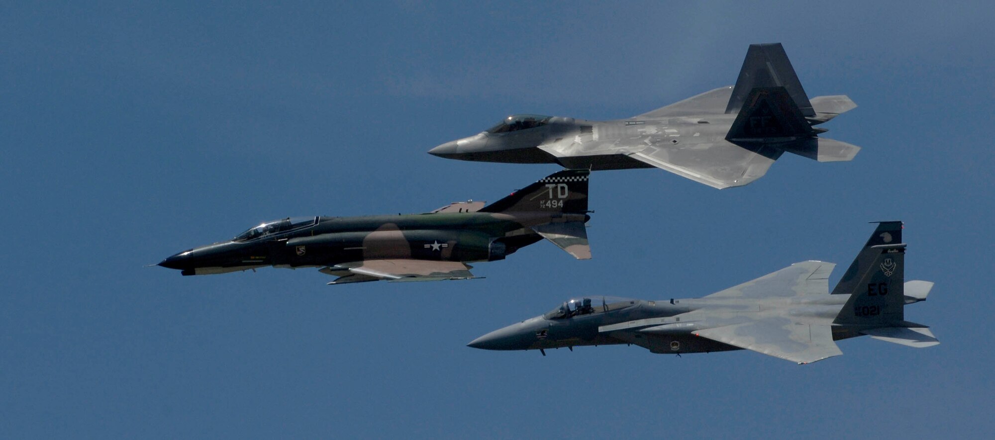 LANGLEY AIR FORCE BASE, Va. -- The U.S. Air Force Heritage Flight, 
three generations of fighters including an F-4, F-15, and F-22, perform during AirPower over Hampton Raods April 25. This annual event helps educate the public on Air Force capabilities, increase recruiting and show appreciation to the local community. (U.S. Air Force photo/Airman Rebecca Montez)