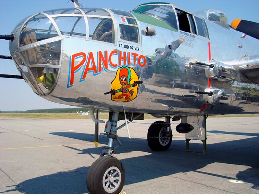 This B-25J Mitchell Bomber, "Panchito," is part of the warbirds demonstration at Wings Over Wayne Air Show and Seymour Johnson Air Force Base Open House here April 25 and 26. The plane is flown by the Disabled American Veterans organization, which represents more than 1.2 million disabled veterans. (U.S. Air Force photo by Capt. Kristen Duncan)