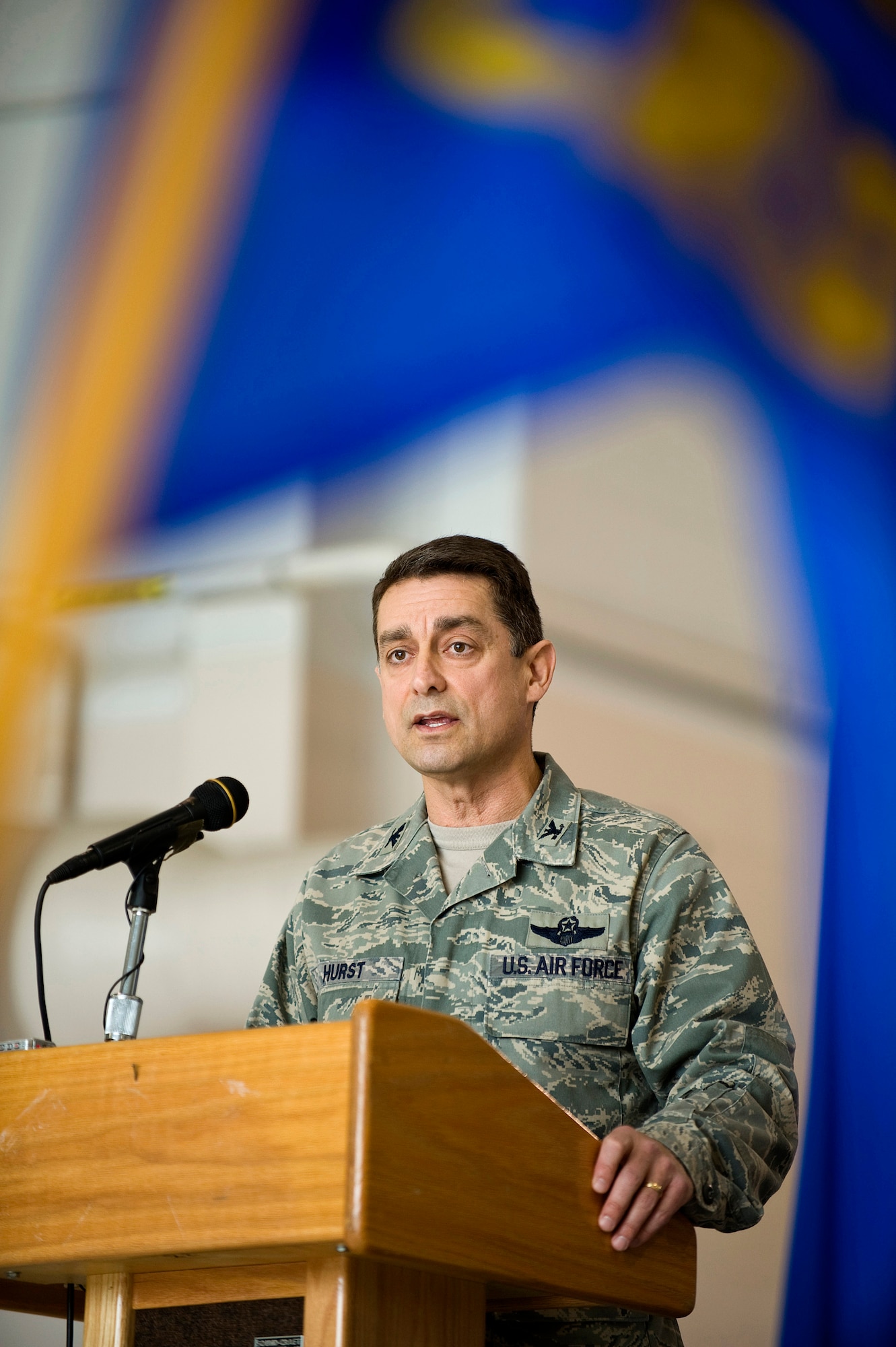 Col. Warren Hurst, commander of the 123rd Contingency Response Group, addresses Kentucky Airmen during the unit’s activation ceremony in the Base Fuel Cell Hangar on March 15. (USAF photo by Capt. Dale Greer.)