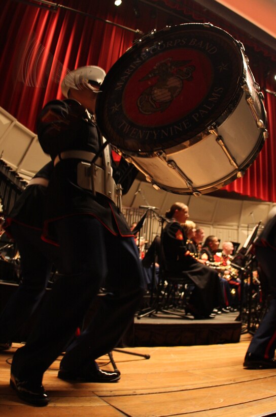 Percussionists with the Combat Center band put on a show for the crowd during Sunday’s Coats of Red and Blue 2 concert at the Sunset Cinema.