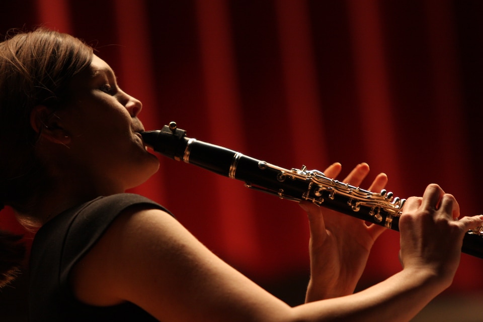 Staff Sgt. Wendy Bickford, a clarinetist with “The President’s Own” United States Marine Band, performs during the Coats of Red and Blue 2 concert at the Sunset Cinema Sunday.
