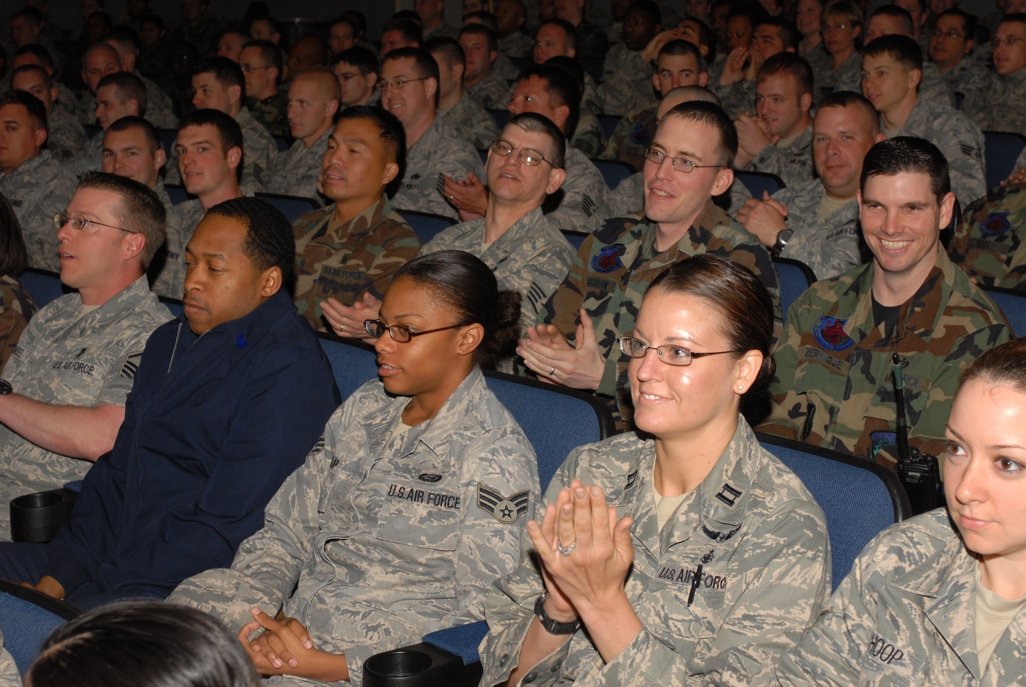The Wolf Pack comes together for the long awaited Pacific Air Forces Operational Readiness Inspection out-brief at Kunsan Air Base, Republic of Korea, April 28, 2009. The PACAF Inspector General's staff conducted the ORI out-brief to present the results gathered from the April 19-24 inspection. (Photo by Senior Airman Gustavo Gonzalez)